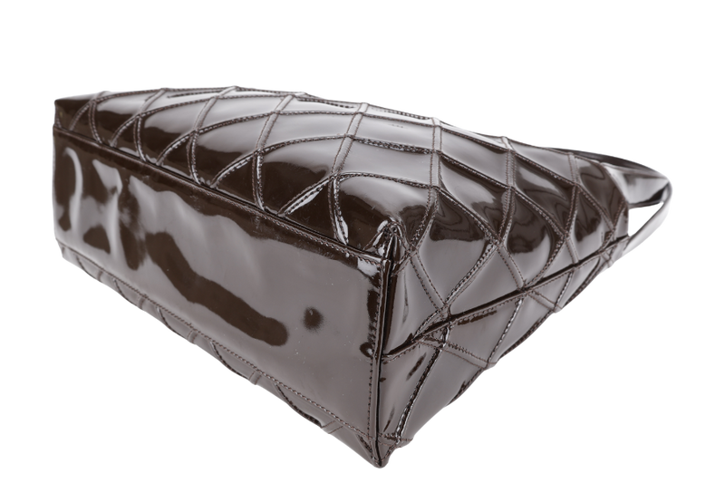 CHANEL DARK BROWN PATENT QUILTED SHOULDER BAG RUTHENIUM HARDWARE (616xxxx) WITH CARD AND BOX