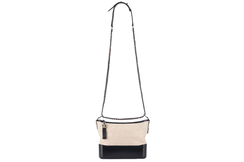 CHANEL GABRIELLE MEDIUM (254xxxx) BEIGE BLACK AGED CALFSKIN GOLD TONE/SILVER TONE & RUTHENIUM HARDWARE WITH DUST COVER