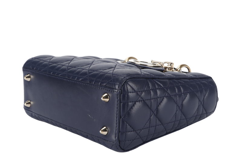 CHRISTIAN DIOR LADY DIOR SMALL (01-RU-1117) NAVY BLUE CANNAGE LAMBSKIN GOLD HARDWARE WITH STRAP, DUST COVER AND BOX