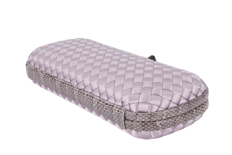 BOTTEGA VENETA KNOT CLUTCH MEDIUM LILAC SATIN BLACK HARDWARE WITH DUST COVER