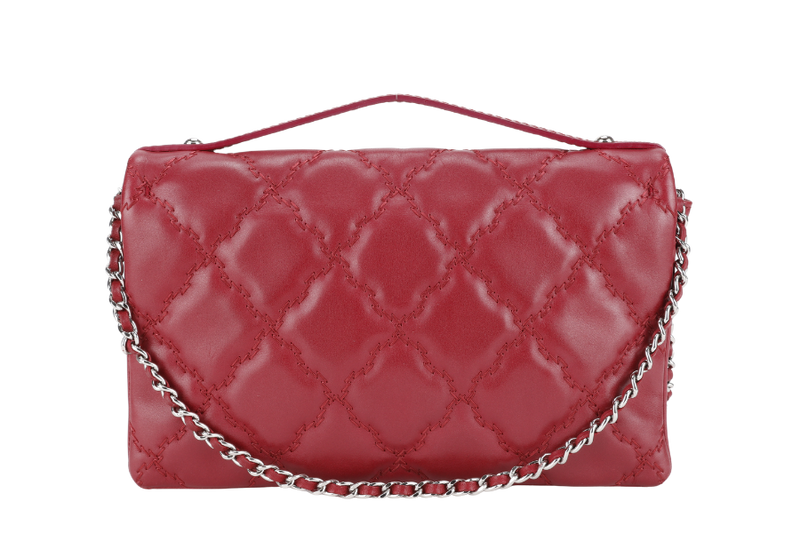 CHANEL HAMPTONS WILD STITCH DARK RED LEATHER FLAP BAG SILVER HARDWARE (1783xxxx) WITH CARD, DUST COVER AND BOX