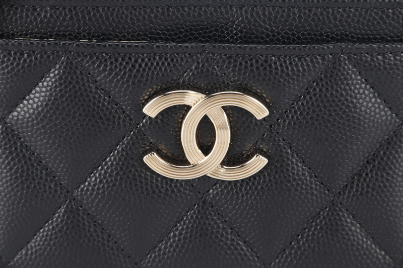 CHANEL BLACK CAVIAR CARD CASE MICROCHIP (X6XPxxxx) LIGHT GOLD HARDWARE WITH DUST COVER AND BOX