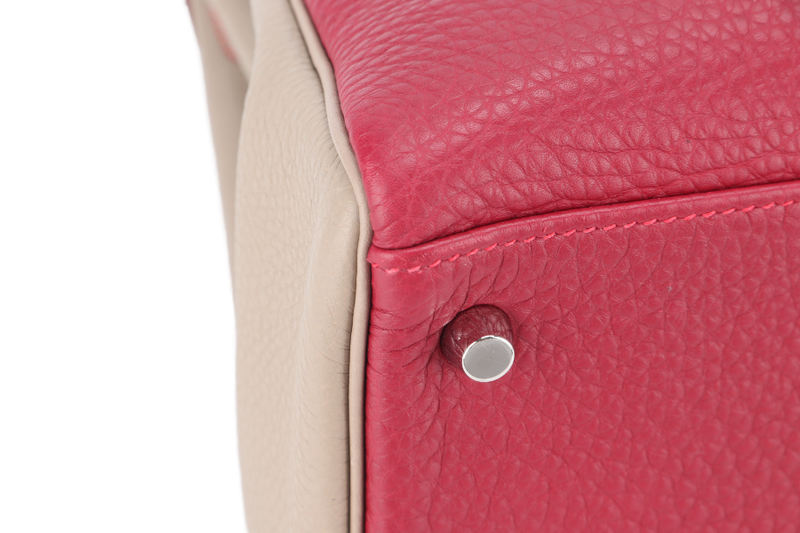HERMES KELLY 32 HSS VERSO TOSCA AND GRIS T COLOR TOGO LEATHER BRUSHED SILVER HARDWARE STAMP O (YEAR 2011) WITH LOCK, KEYS AND STRAP, NO DUST COVER