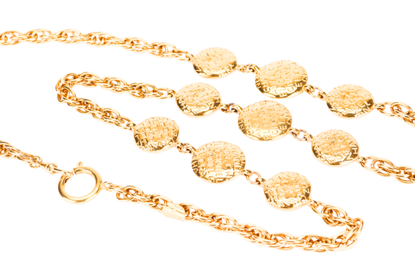 CHANEL VINTAGE GOLD PLATED NECKLACE 88CM NINE GOLD PLATED PENDANTS WITH FONTS ENGRAVES, NO BOX