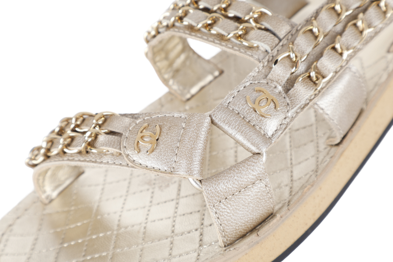 CHANEL CHAIN SANDAL GOLDEN LEATHER SIZE 37.5 WITH DUST COVER