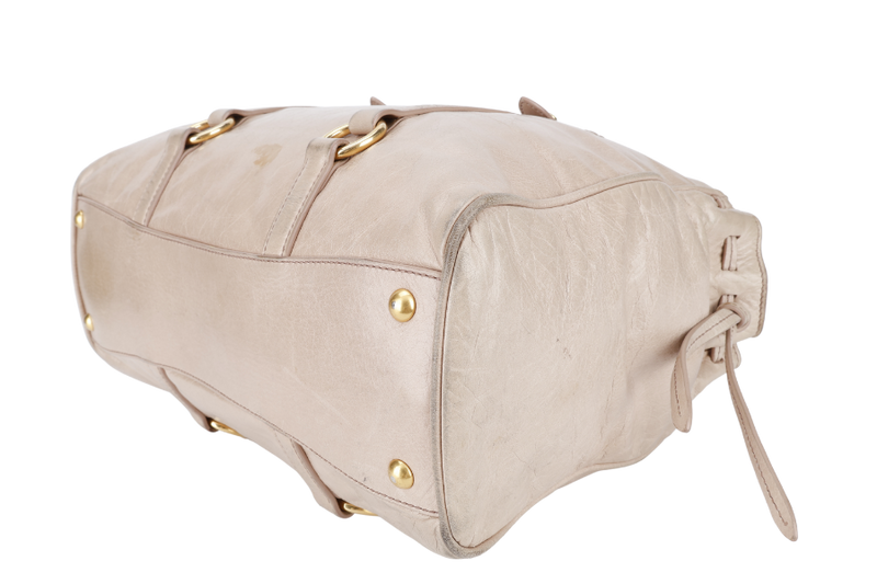 MIU MIU VITELLO LUX LARGE BEIGE BOWLER BAG GOLD HARDWARE WITH LEATHER STRAPS AND DUST COVER