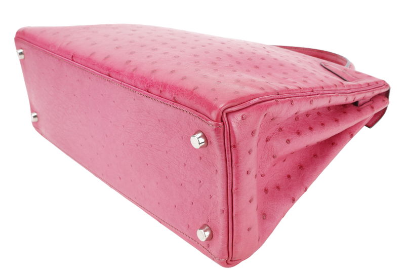 HERMES KELLY 32 RETOURNE FUCHSIA OSTRICH PHW STAMP I (YEAR 2005) WITH STRAPS AND DUST COVER