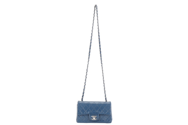 CHANEL BLUE LAMBSKIN MINI RECTANGLE CLASSIC FLAP (1762xxxx) SILVER HARDWARE WITH DUST COVER