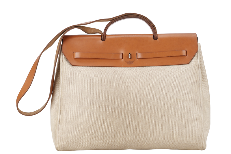 HERMES HERBAG SHOULDER BAG IN BEIGE CANVAS AND BROWN LEATHER STAMP D SQUARE (YEAR 2000) SILVER HARDWARE WITH DUST COVER