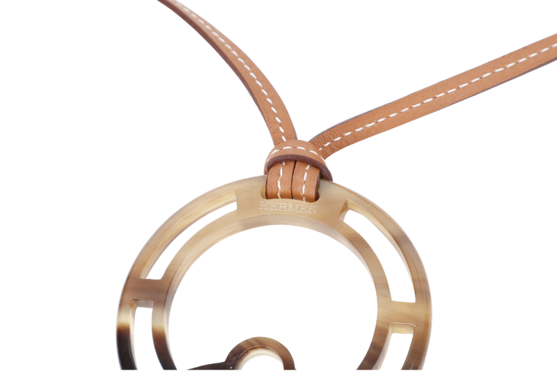 HERMES BUFFALO HORN ROUND PENDANT NECKLACE WITH FRINGE GOLD COLOUR WITH BOX