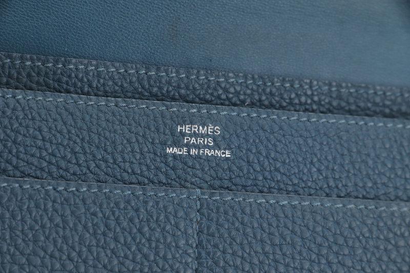 HERMES DONGON DUO WALLET (STAMP X) YEAR 2016 BLUE TOGO LEATHER PALLADIUM HARDWARE NO DUST COVER & BOX