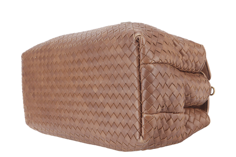 BOTTEGA VENETA WOMAN BOSTON BAG MEDIUM BROWN LEATHER GOLD HARDWARE WITH DUST COVER