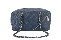 CHANEL CLUB BOWLER BAG (1138xxxx) BLUE CALFSKIN QUILTED COTTON LEATHER SILVER HARDWARE NO DUST COVER