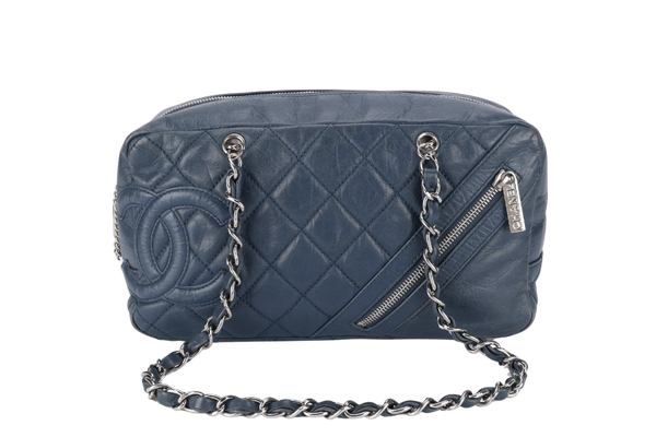 CHANEL CLUB BOWLER BAG (1138xxxx) BLUE CALFSKIN QUILTED COTTON LEATHER SILVER HARDWARE NO DUST COVER