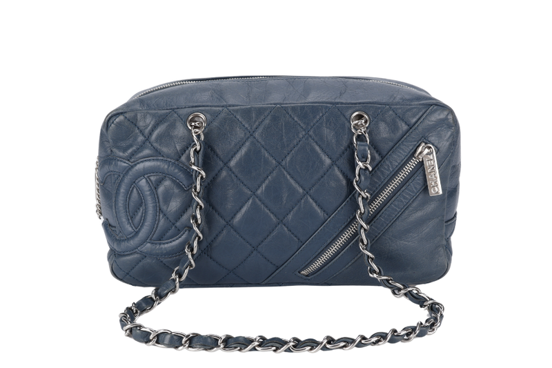 CHANEL CLUB BOWLER BAG (1138xxxx) BLUE CALFSKIN QUILTED COTTON LEATHER SILVER HARDWARE NO DUST COVER