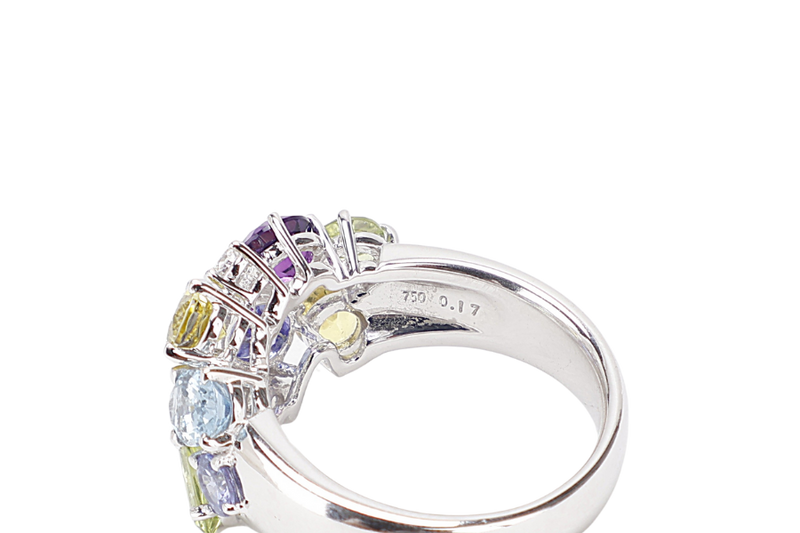 TASAKI COLOR STONE AND DIAMOND RING 18K WG SETTINGS 9.4G 0.17CT WITH BOX