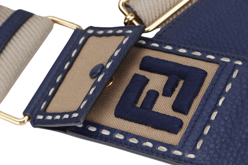 FENDI DARK BLUE LEATHER WITH BEIGE CANVAS SHOULDER STRAP GOLD HARDWARE, NO DUST COVER & BOX
