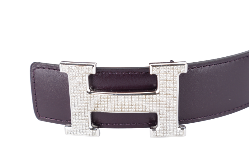 HERMES H BELT DIAMOND STUDDED SILVER HARDWARE BUCKLE WITH 90-95CM REVERSIBLE BELT WITH BOX