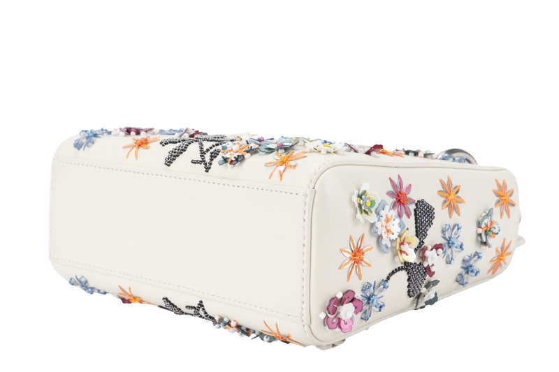 CHRISTIAN DIOR LADY DIOR MINI FLOWER SEQUIN OFF WHITE LEATHER SILVER HARDWARE (04-MA-0145) WITH STRAPS, CARD, DUST COVER AND BOX