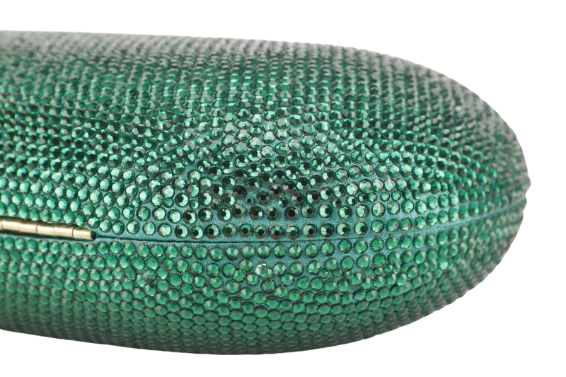 THE CHIC INITIATIVE GREEN CRYSTAL CLUTCH SILVER HARDWARE WITH DUST COVER AND BOX