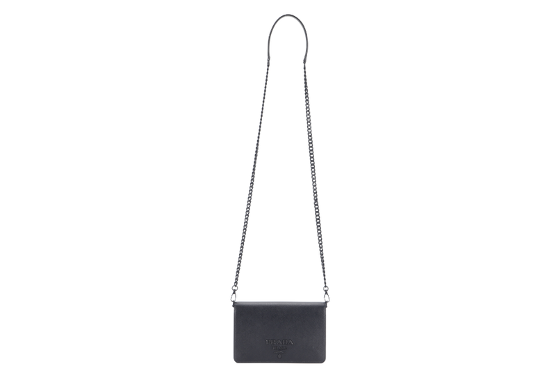 PRADA WALLET ON CHAIN (1BP019) BLACK SAFFIANO LEATHER BLACK HARDWARE WITH DUST COVER, CARD AND MIRROR