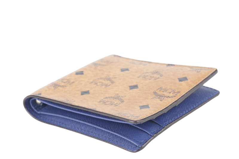 MCM AREN BI FOLD WALLET BROWN-BLUE LEATHER SILVER HARDWARE WITH DUST COVER AND BOX