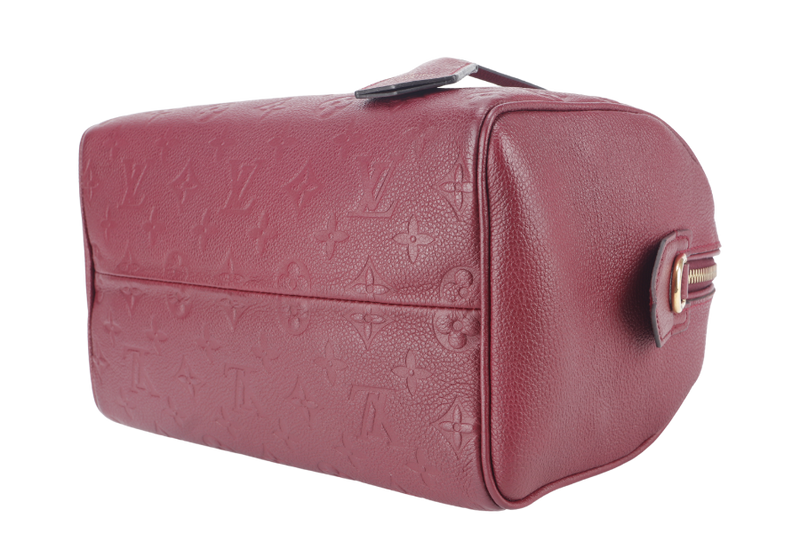 LOUIS VUITTON M44145 SPEEDY BANDOULIERE 25 BURGUNDY MONOGRAM EMPREINTE GOLD HARDWARE WITH STRAPS, LOCK AND KEYS