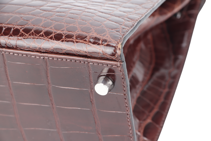 HERMES KELLY 32 SELLIER DARK BROWN SHINY NILOTICUS SILVER HARDWARE STAMP P (YEAR 2012) WITH KEYS, LOCK, STRAPS, RAINCOAT WITH DUST COVER