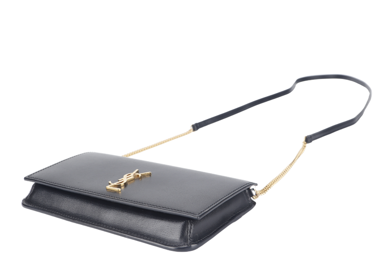 YVES SAINT LAURENT (YSL) CASSANDRA PHONE HOLDER (TGN33509.0322) BLACK LEATHER GOLD HARDWARE WITH DUST COVER AND BOX