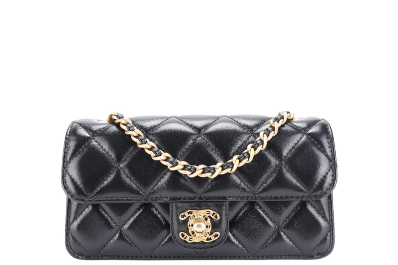 CHANEL QUILTED FLAP CLUTCH BAG SHINY BLACK LAMBSKIN GOLD HARDWARE (E210xxxx) WITH DUST COVER, BOX AND PAPER BAG