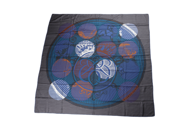 HERMES BLUE ROUND MOTIF SILK SCARF 136 X 136 WITH BOX