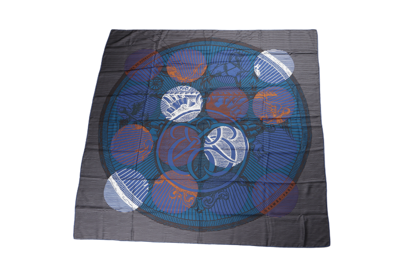 HERMES BLUE ROUND MOTIF SILK SCARF 136 X 136 WITH BOX