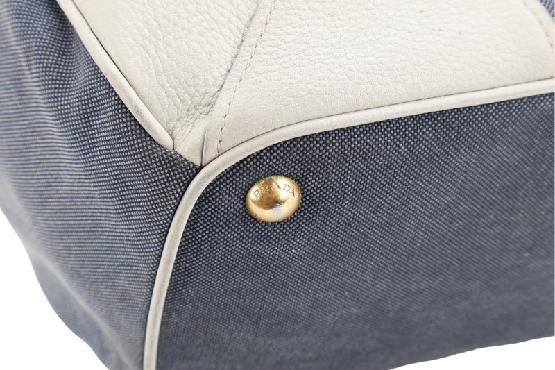 PRADA BLUE DENIM TOTE BAG WHITE LEATHER GOLD HARDWARE NO DUST COVER