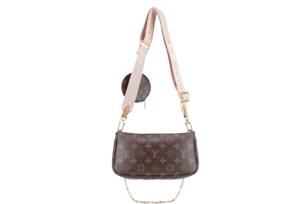 LOUIS VUITTON MULTI POCHETTE ACCESSORIES MONOGRAM CANVAS GOLD HARDWARE WITH PINK STRAPS AND DUST COVER
