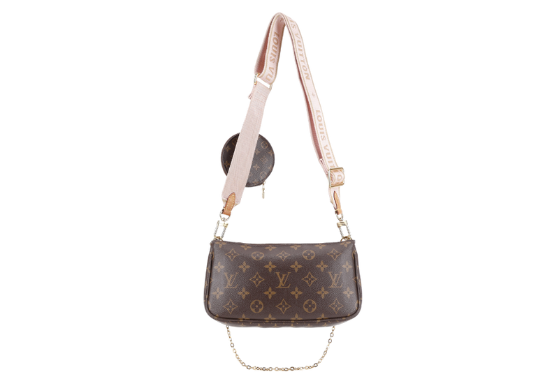 LOUIS VUITTON MULTI POCHETTE ACCESSORIES MONOGRAM CANVAS GOLD HARDWARE WITH PINK STRAPS AND DUST COVER