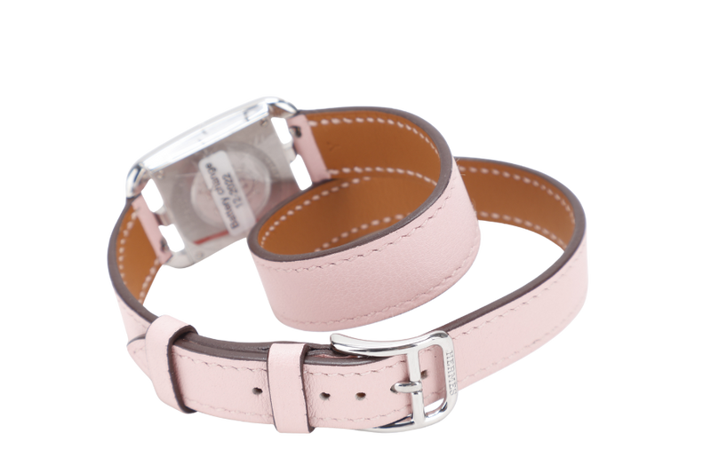 HERMES CAPE COD CC1.233 MOP DIAL DIAMOND , SAPPHIRE SETTINGS PINK LEATHER DOUBLE TOUR BRACELET , QUARTZ S-N 3437330, DATED 2020 W-BOX & CERT