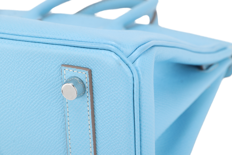 HERMES BIRKIN 25 BLUE CELESTE, BLUE THALASSA EPSOM LEATHER SILVER HARDWARE STAMP O (YEAR 2011) NO KEYS, NO LOCK WITH DUST COVER