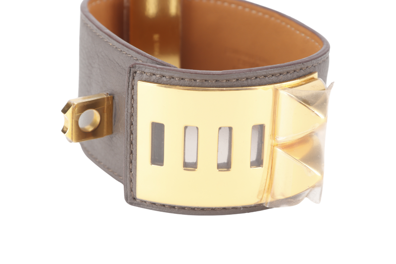 HERMES COLLIER DE CHEIN BRACELET GREY LEATHER GOLD HARDWARE STAMP O SQUARE (YEAR 2011) WITH DUST COVER AND BOX