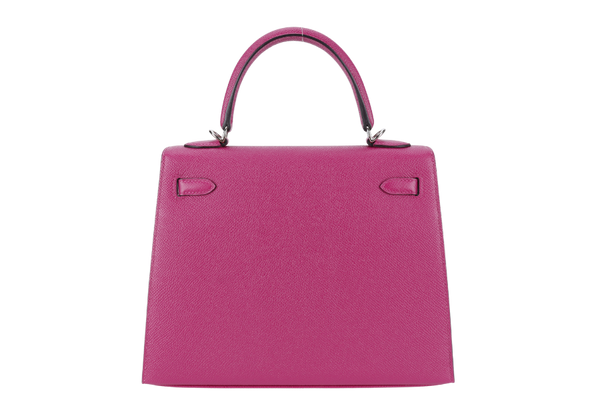 HERMES KELLY 25 SELLIER ROSE POUPRE EPSOM SILVER HARDWARE STAMP A (2017) WITH DUST COVER, LOCK & KEYS, STRAPS AND RAINCOAT