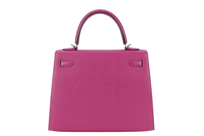 HERMES KELLY 25 SELLIER ROSE POUPRE EPSOM SILVER HARDWARE STAMP A (2017) WITH DUST COVER, LOCK & KEYS, STRAPS AND RAINCOAT