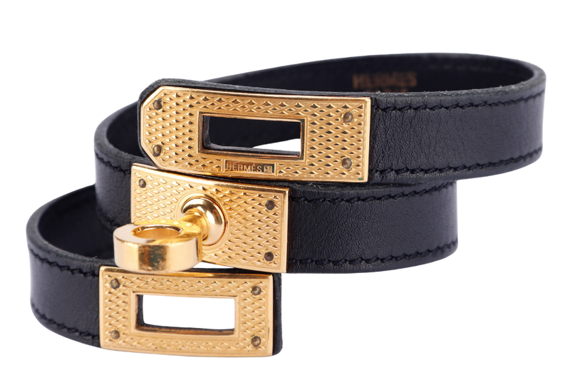 Hermes Kelly Double Tour Bracelet in Gold Guilloche Hardware, Black Leather, no Dust Cover & Box