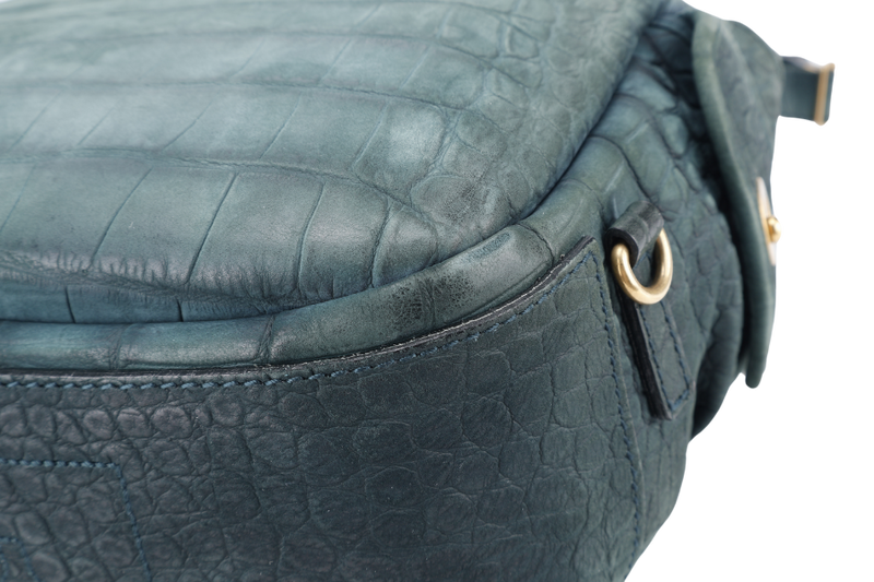 YVES SAINT LAURENT (YSL) BESACE GREEN CROC EMBOSSED LEATHER GOLD HARDWARE NO DUST COVER