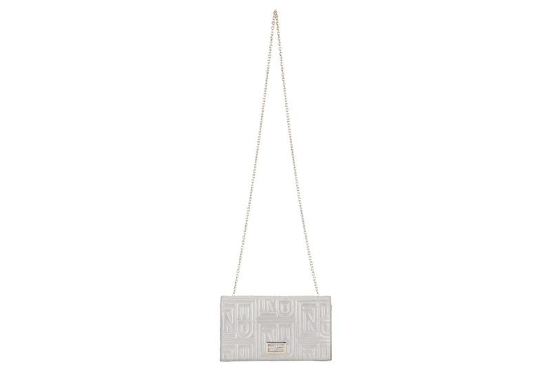 FENDI SILVER METALLIC NAPPA LOGO EMBOSSED W.O.C GOLD HARDWARE (AX41526) WITH CHAIN STRAPS NO DUST COVER