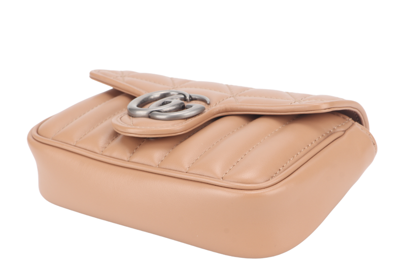 GUCCI GG MARMONT SUPER MINI BEIGE MATELASSE CHEVRON LEATHER RUTHENIUM HARDWARE WITH DUST COVER AND BOX