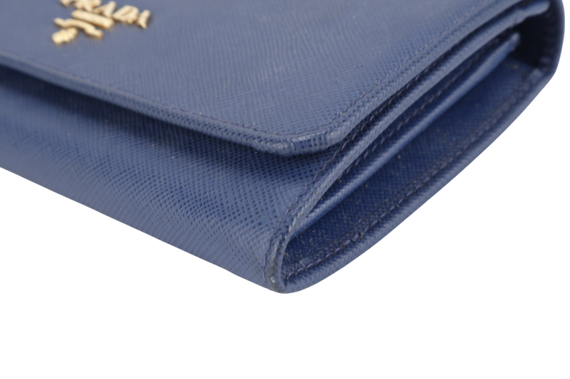 PRADA WRISTLET WALLET DARK BLUE SAFFIANO LEATHER GOLD HARDWARE