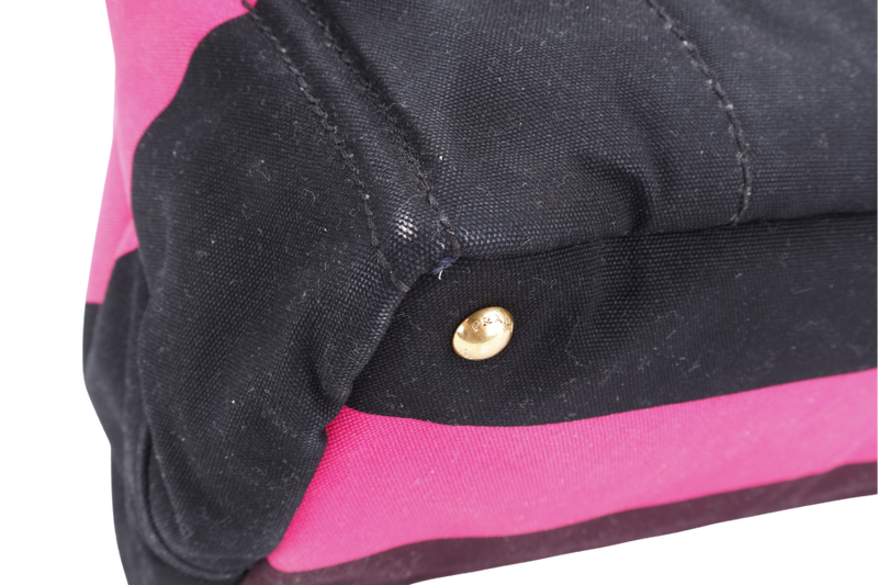 PRADA B1872B CANAPA RIGHE CANVAS BLACK PINK AND DARK BROWN TOTE BAG WITH CARD AND DUST COVER