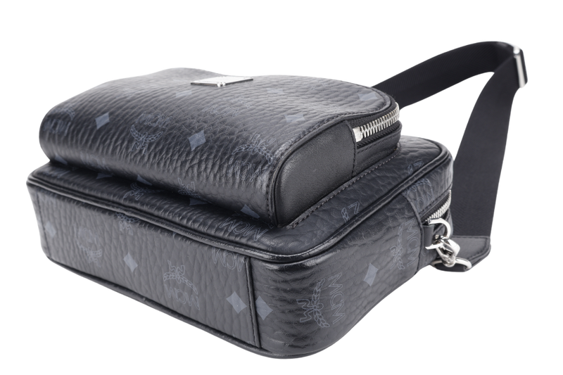 MCM AREN CROSSBODY IN VISETOS SMALL BLACK LEATHER SILVER HARDWARE WITH DUST COVER