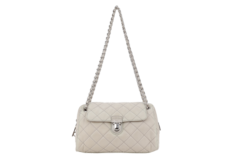 PRADA BR4965 TESSUTO IMPUNTU CHAIN BAG BEIGE NYLON SILVER HARDWARE WITH CARD AND DUST COVER
