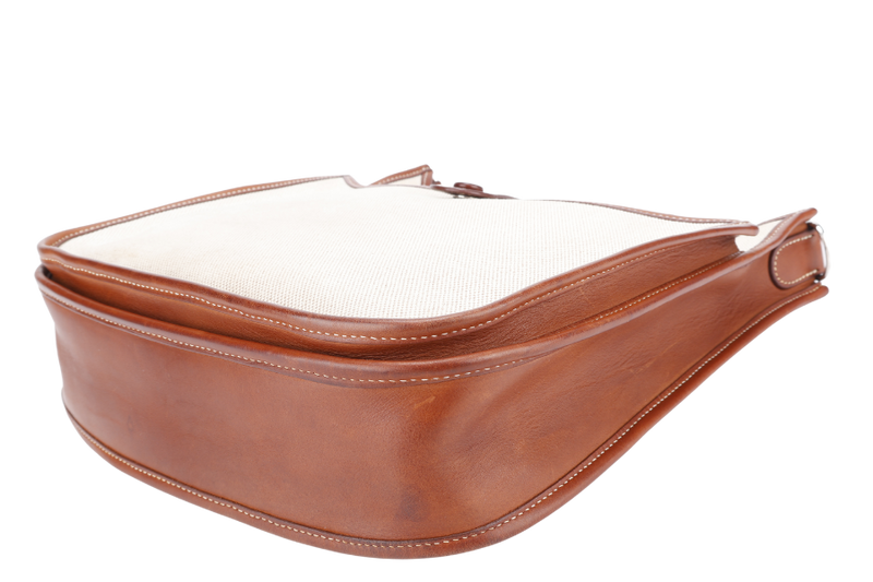 HERMES EVELYN PM TOILE X BARENIA LEATHER STAMP SQUARE K (YEAR 2007) WITH SLING AND DUST COVER