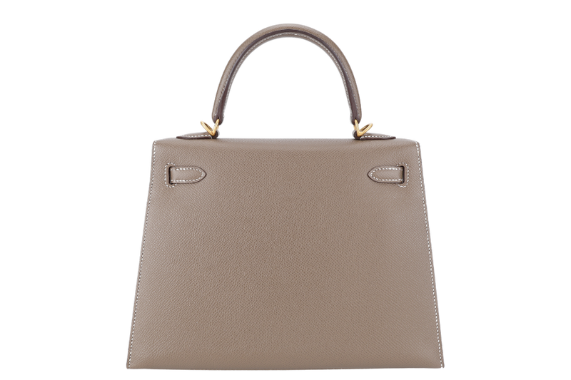 HERMES KELLY 25 SELLIER ETOUPE-BLUE ELECTRIQUE EPSOM, BRUSHED GOLD HARDWARE STAMP C (2018) WITH DUST COVER, LOCK, KEYS AND RAINCOAT